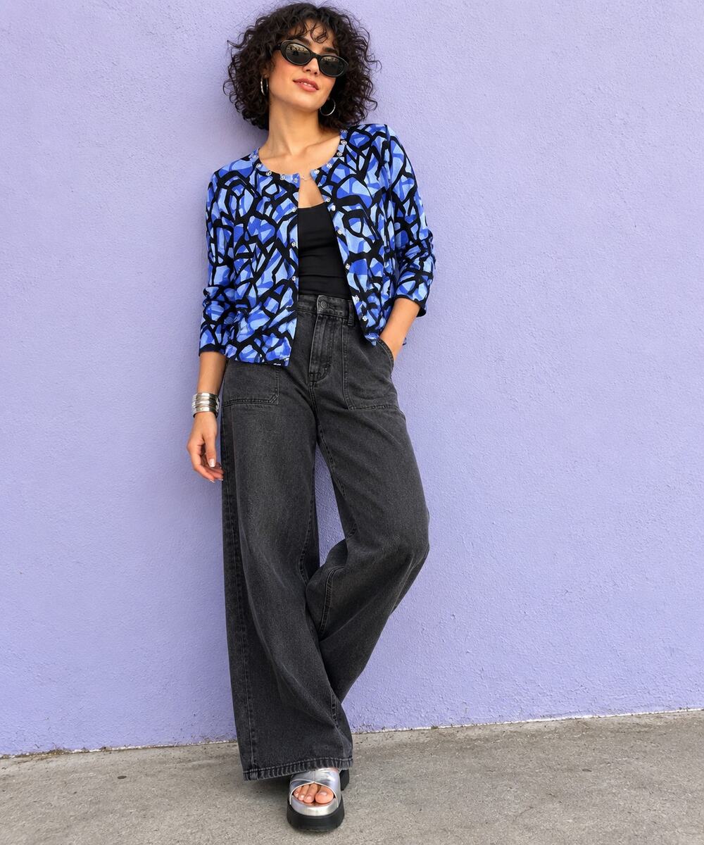 Sag Harbor Medium Blue Black Abstract Floral Button Front Cardigan